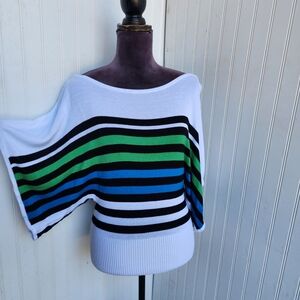 Bebe Women's White Blue Green Long Wide Sleeve Tunic Knit Sweater Striped Sz M